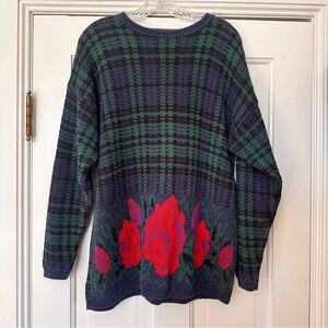 Westbound Petite Ribbed Plaid Cable Knit sweater with pink/purple Floral details